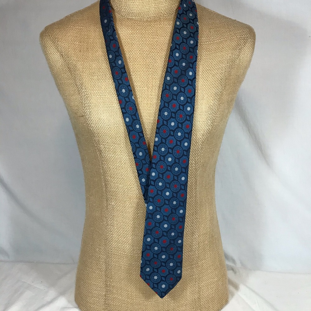 Blue Floral Neck Tie Polyester Circles Red White - Picture 2 of 8